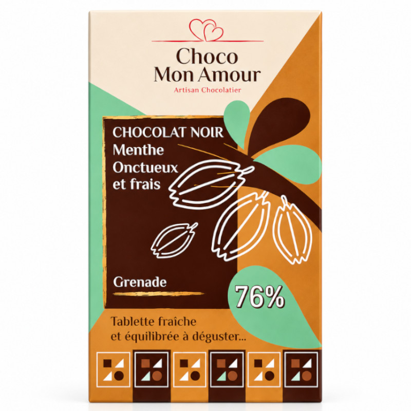 Tablette chocolat noir 76 % Grenade & menthe naturelle