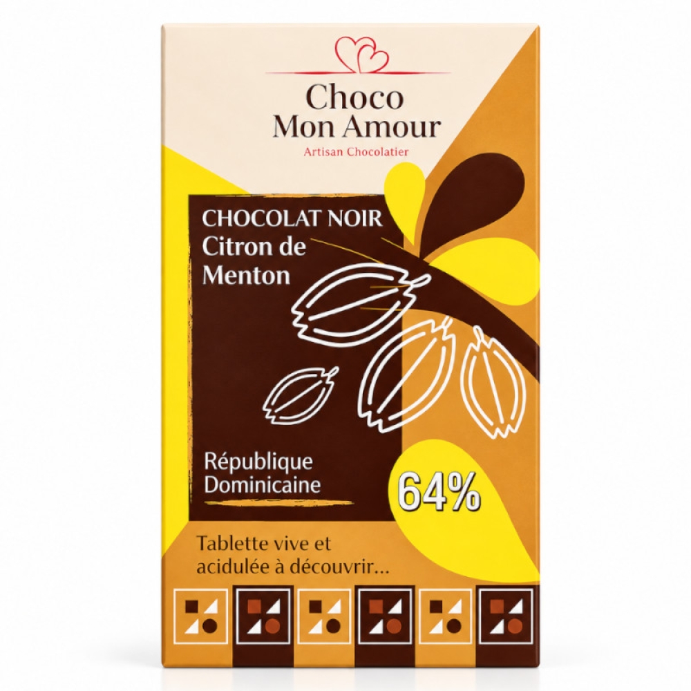 Tablette chocolat noir 64 % République Dominicaine & citron de Menton